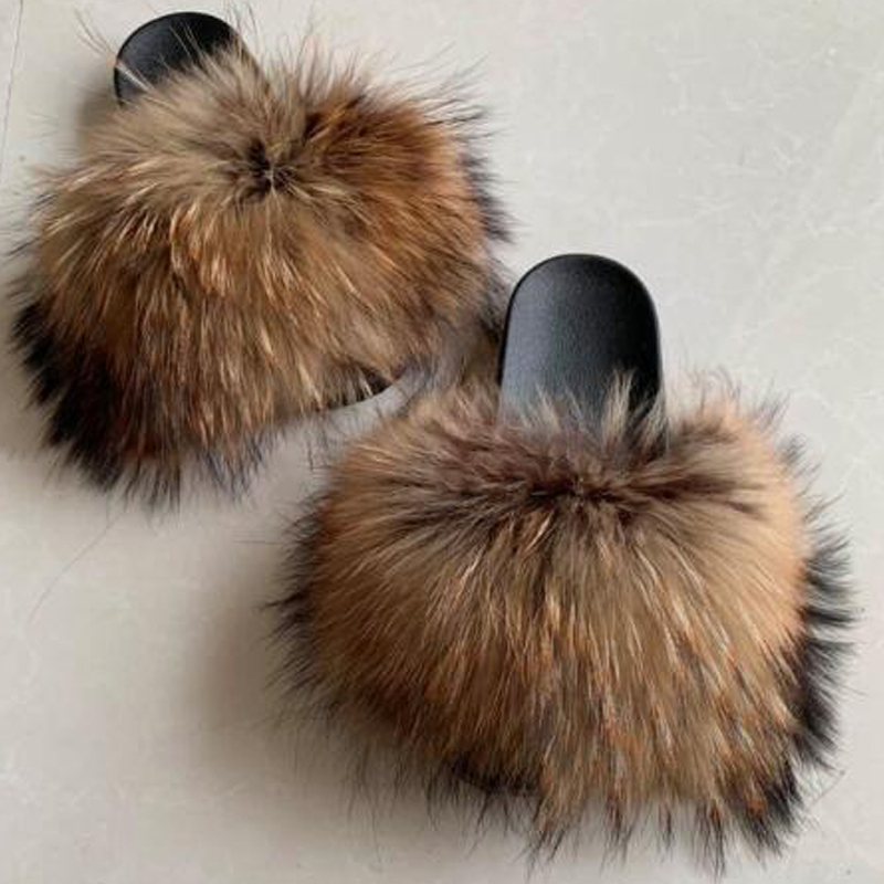 

COOLSA Women's Fox Fur Slippers Indoor Flat Warm Furry Slippers Outside Girls Plush Sandals Women Slides Flip Flops Big Size 11 Y200423, Blue;gray