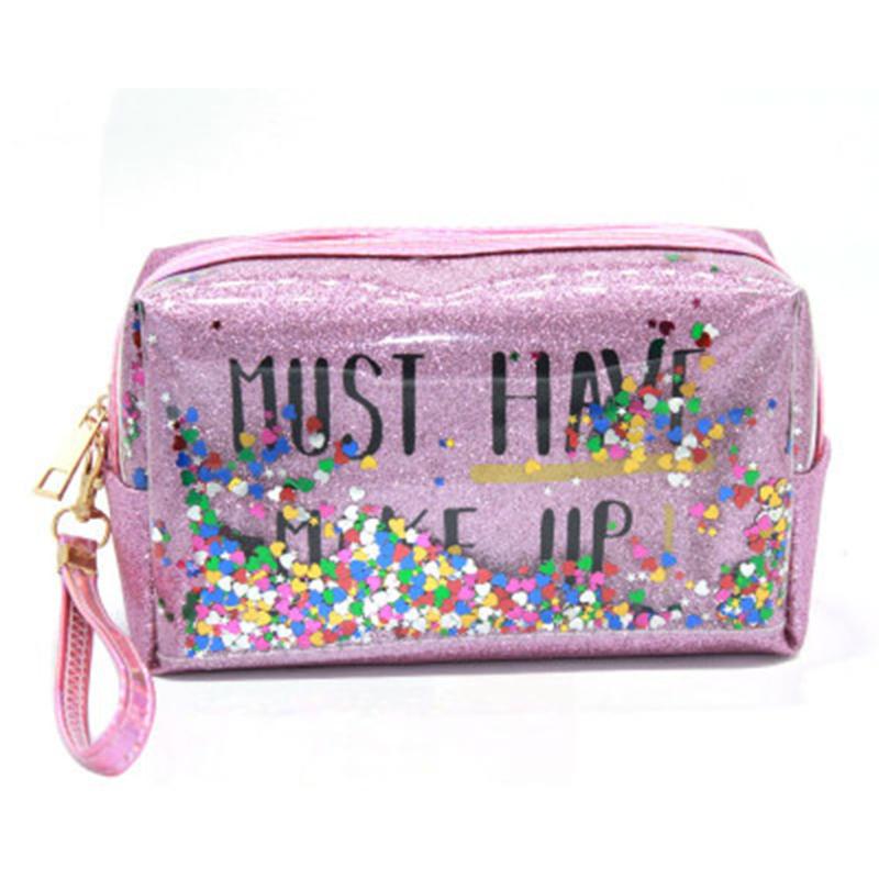 

New Style Cosmetic Bags Colorful Sequins Letter Print Waterproof PVC Makeup Bag Toiletry Organizer Pouch, Golden