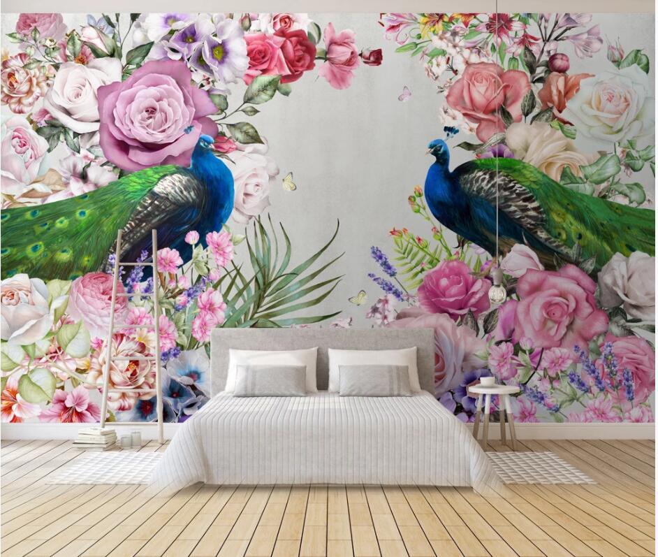 

3d wallpaper custom photo Modern art hand drawn peacock flowers background home decor 3d wall murals wallpaper for walls 3 d living room, Non-woven
