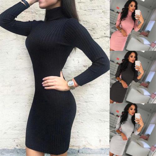 

New Sexy Long Sleeve Knit Dress Women Bodycon Knitted Long Sweater Dress Jumper Winter Slim Pullover High Neck Tops, Pink