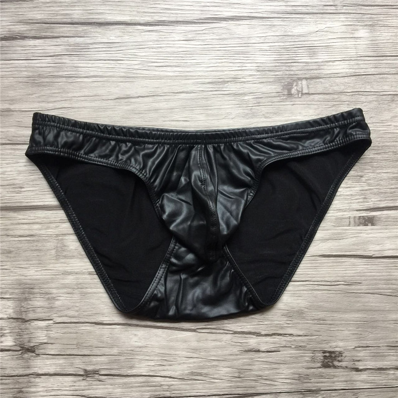 

Sexy Men's Faux Leather Black Pouch Brief, Black;white