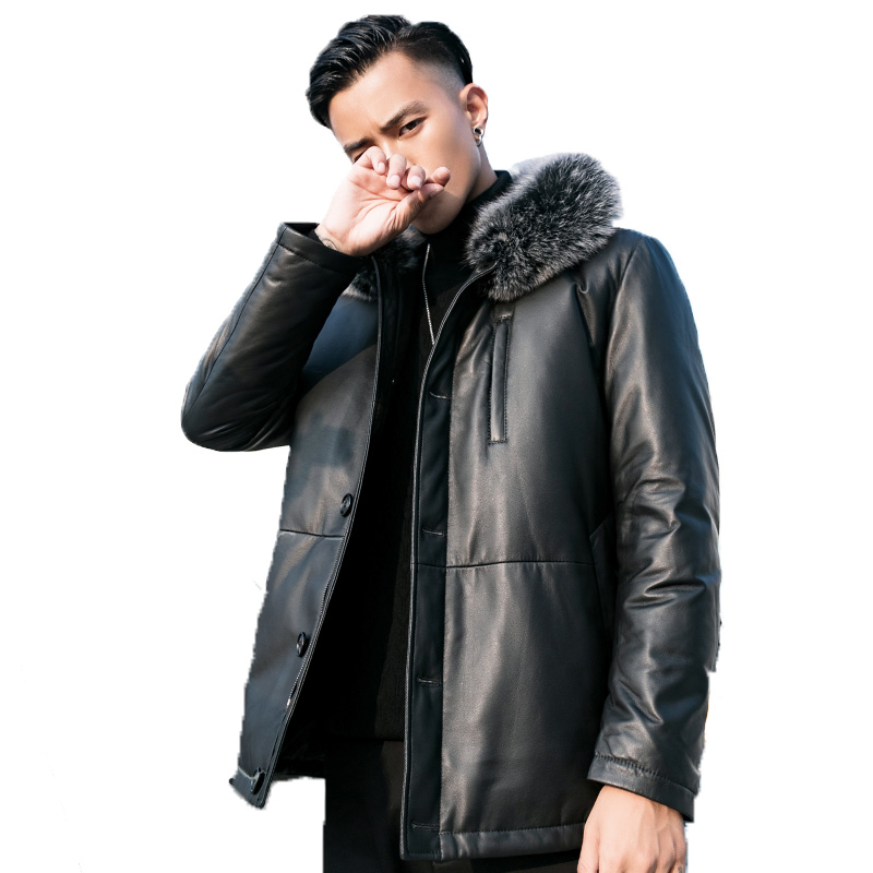 

Duck Sheepskin Genuine Men Down Winter Coat Mens Leather Jacket Chaqueta Cuero Hombre YY980, Black