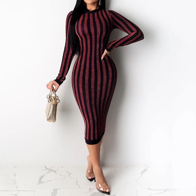 

Long Sleeve Striped Bodycon Dress Women 2020 New Chic African Ladies Streetwear Midi Stretch Plus Size Female Tight Dresses, Burgundy