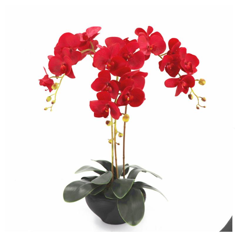

INDIGO- Red Phalaenopsis Orchids 7 Heads Latex Real Touch Orchids Decorative Wedding Flower Orchid Floral Party Free Shipping, 1 stem leaves