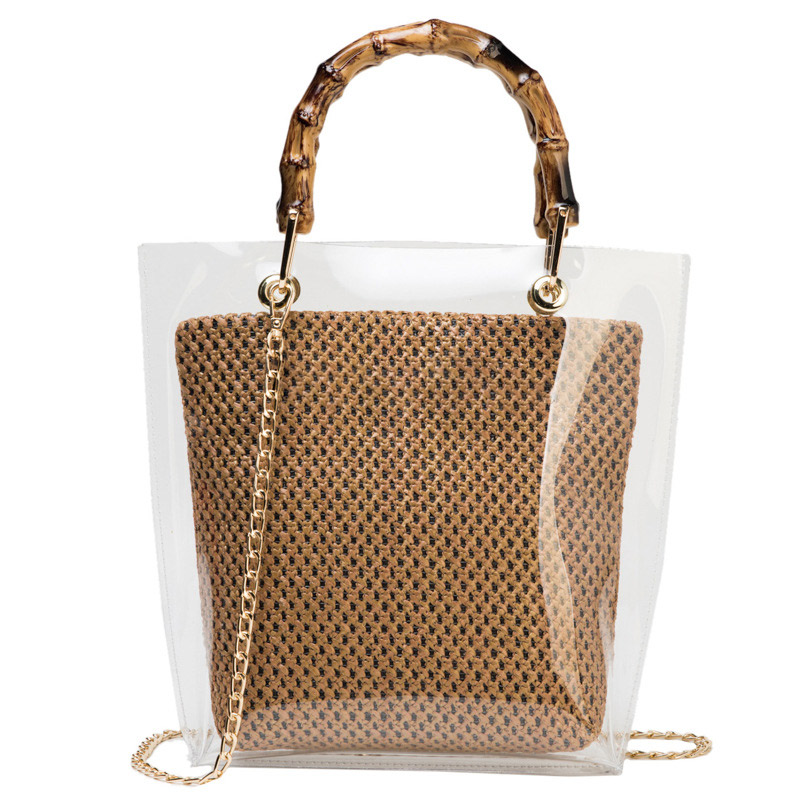 

Transparent Beach Bags For Women 2020 Summer Slub Handle Chain Crossbody Shoulder Bags Casual Travel Handbag Totes For Lady, Black