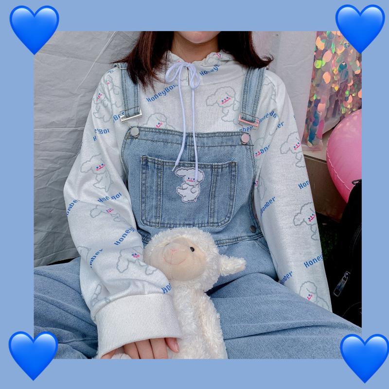 

BF Style Cute Women' Suspender Straps Jumpsuit Straight Trousers Lovely Embroidery Overall Jeans Loose Denim Pants, Light blue