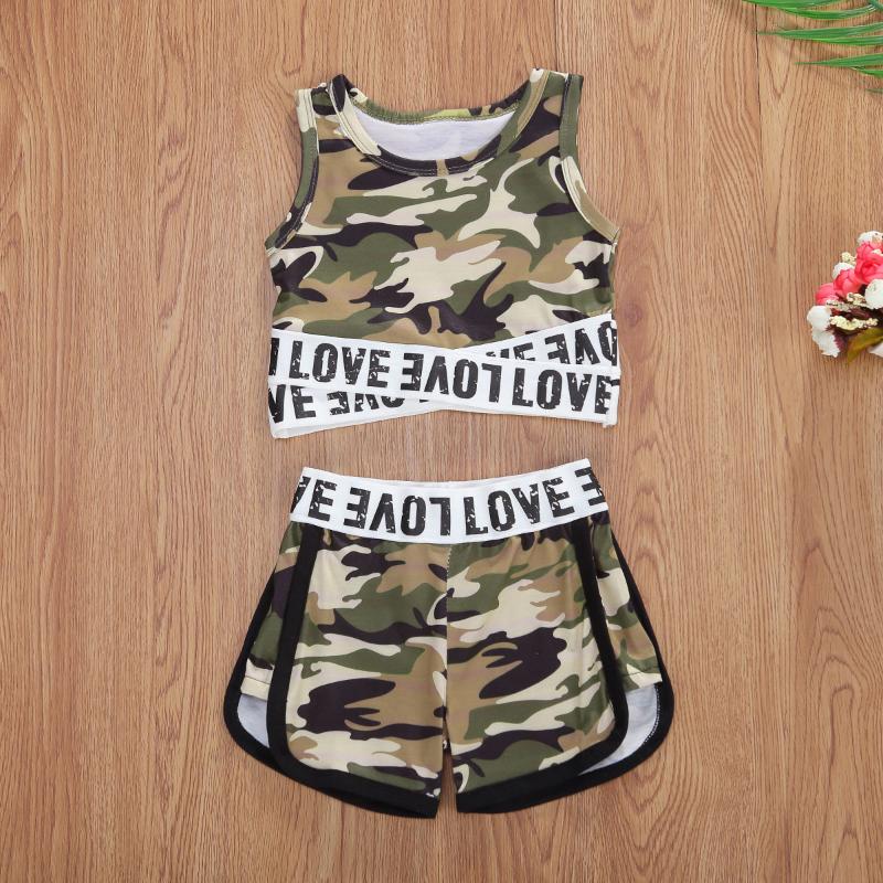 

2Pcs Infant Kids Baby Girl Summer Clothes Set Sleeveless Camouflage Alphabet Short Vest Tank Top + Print Shorts Outfit Tracksuit, As pic
