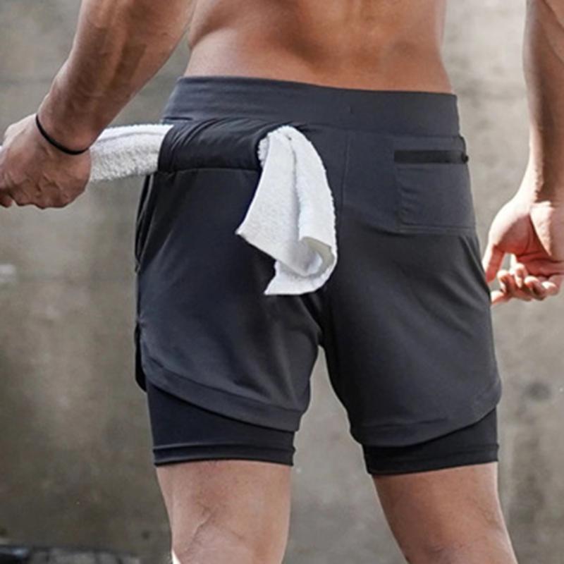 

Plus Size Men Outdoor Sports Shorts Two Layer Pockets Towel Loop Drawstring Workout Running Gym Basketball Playing Cycling Short, Black