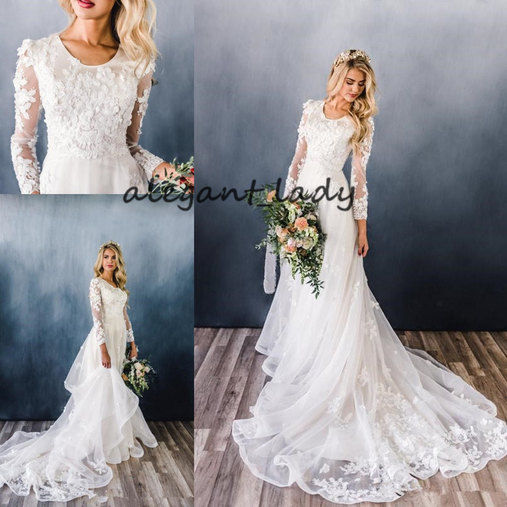 

Modest boho Wedding Dresses With Long Sleeves 2019 Full Lace 3D Floral Applique Sweep Train Country Jewel Neck Temple Wedding Gown, Red