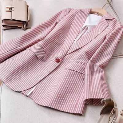 

Fashionable cotton and linen small suit female Summer fall New high quality casual red stripes one button women Business blazer