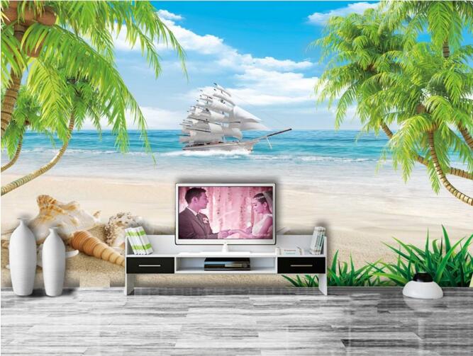 

3d wallpaper custom photo Shell beach coconut palm sailing ocean background living room Home decor 3d wall muals wall paper for walls 3 d, Customize