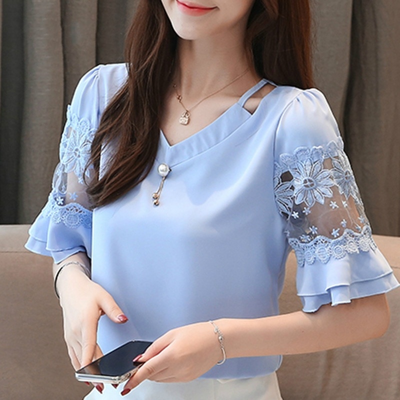 

summer short sleeve women blouses plus size tops blouse women solid chiffon blouse tops, Sky blue