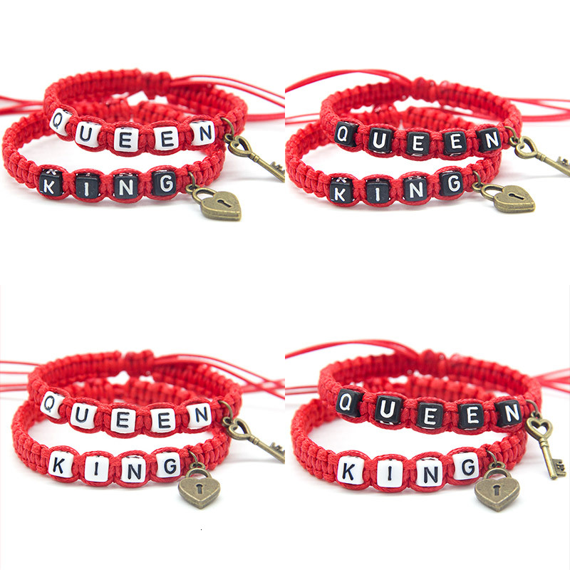 

2pcs/pair Artificial Couple Bracelets Bling Red Beadeds King Queen With Key Lock Rope Chains Lovers Boyfriend Girlfriend Gifts