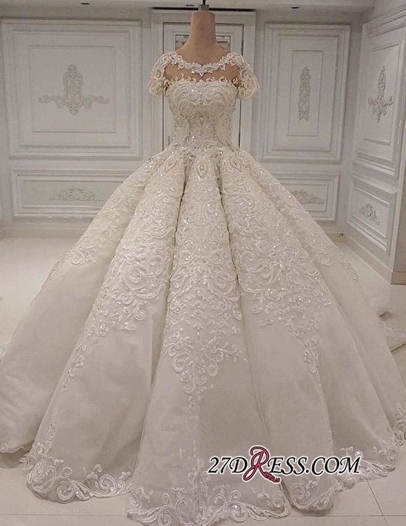 

2019 Lace Appliqued Wedding Dresses Short Sleeve Deep Ball Gown Bridal Gown Custom Made A Line Wedding Dress 2019 Luxury, Ivory