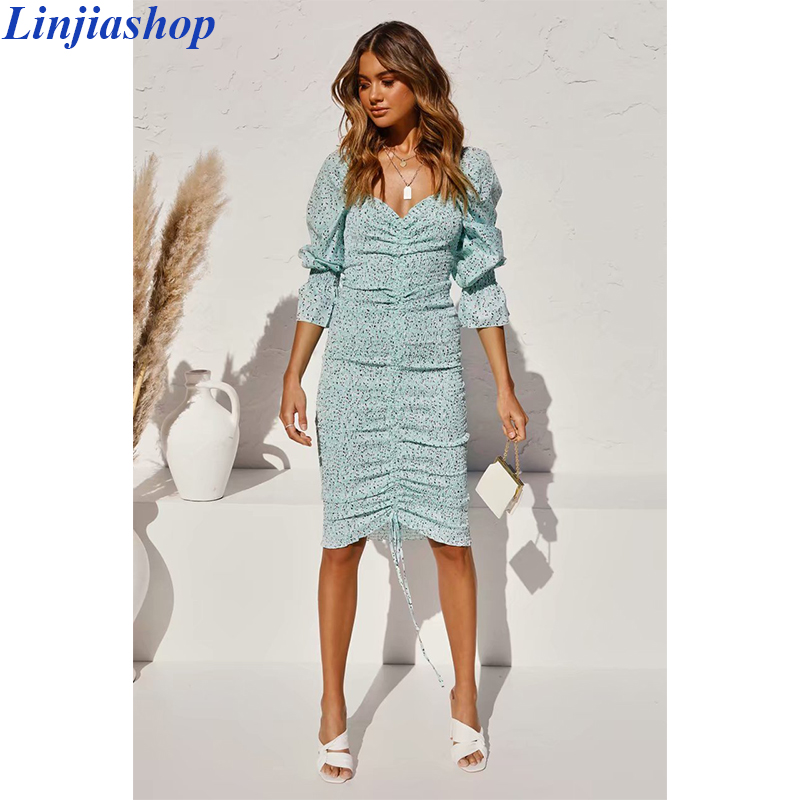

Linjiashop vintage square neck floral print dress women 2020 long sleeve bodycon midi dress boho beach vestidos dropshipping, As pic