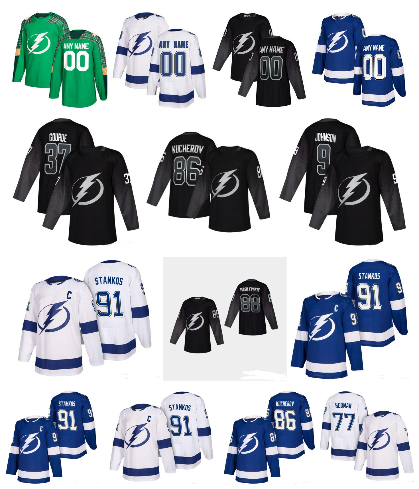 

Tampa Bay Lightning Jersey 91 Steven Stamkos Nikita Kucherov Victor Hedman Tyler Johnson Andrei Vasilevskiy Point Black Green Hockey, Blue