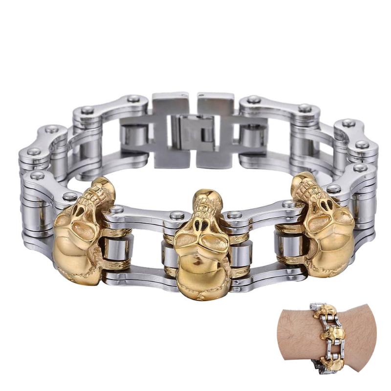 

Link, Chain 18mm Wide Mens Skulls Bracelets 316L Stainless Steel Gold Silver Color Biker Motorcycle Link Bracelet Dropship LHB308