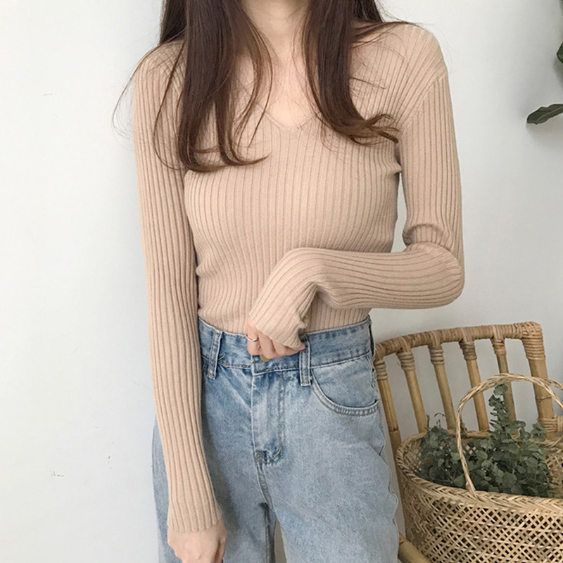 

Basic V-neck Solid Autumn Winter Women Sweater Pullover Knitted Sweater Female Knitted Slim Long Sleeve Bodycon, Black