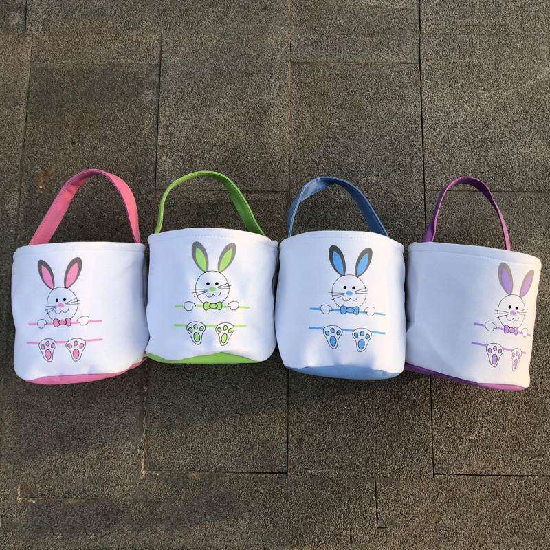 

Kids Easter Bunny Basket Rabbit Foot Print Patchwork Color Baskets Egg Hunting Bag Canvas Easter Bucket Bags Kids Candy Egg Totes A122105, 25*23cm