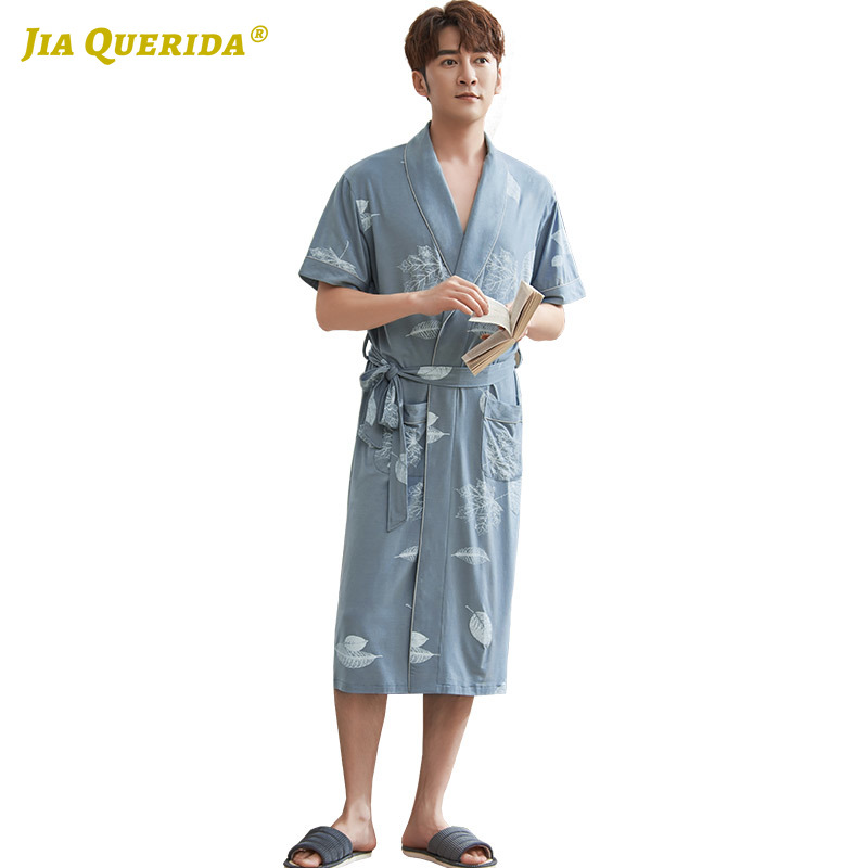 

Casual Style Night Robe Home Robe Fashion Style Yukata Kimono Man Clothes Leaf Printing Turn Down Collar Blue Man, U71068-c