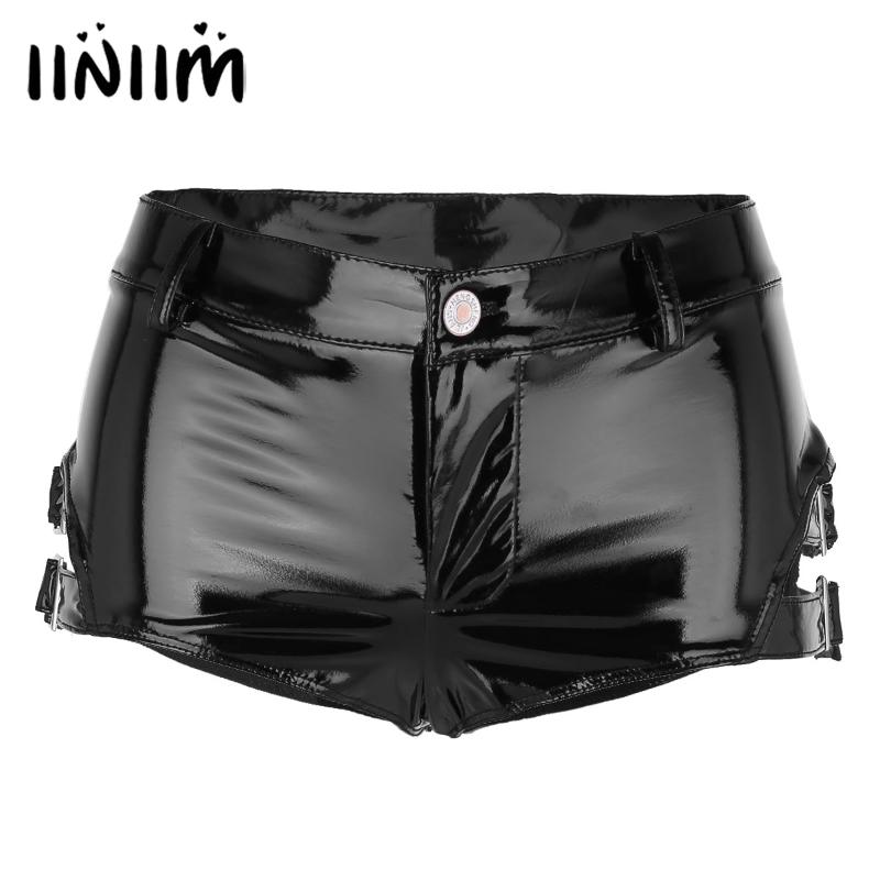 

iiniim Women Femme Wet Look Mini Hot Shorts Patent Leather Low Rise Sexy Clubwear Party Show Hot Shorts with Buckles, As pic