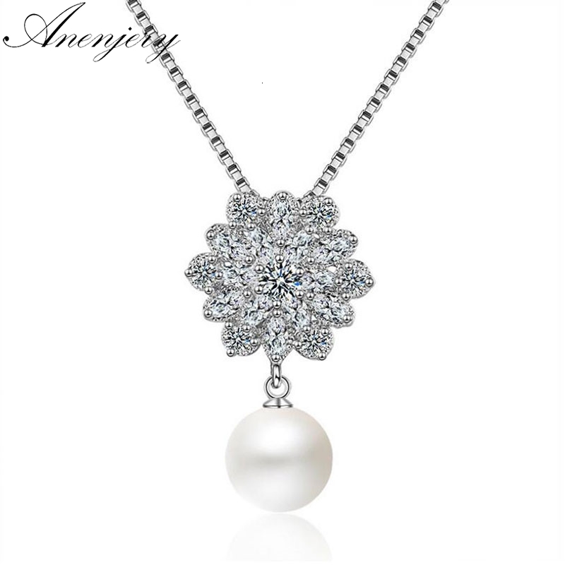 

925 Sterling Silver Clavicle Chain Necklace Luxury Dazzling Zircon Snowflake Simulated Pearl Pendant Necklace