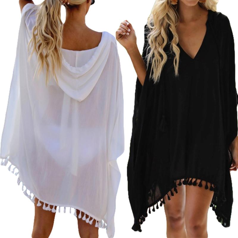 

2020 Summer Women Boho Transparent Beach Dress Bikini Cover Up Tassel Chiffon Mini Hooded White Black Sundress Beach Cover-up