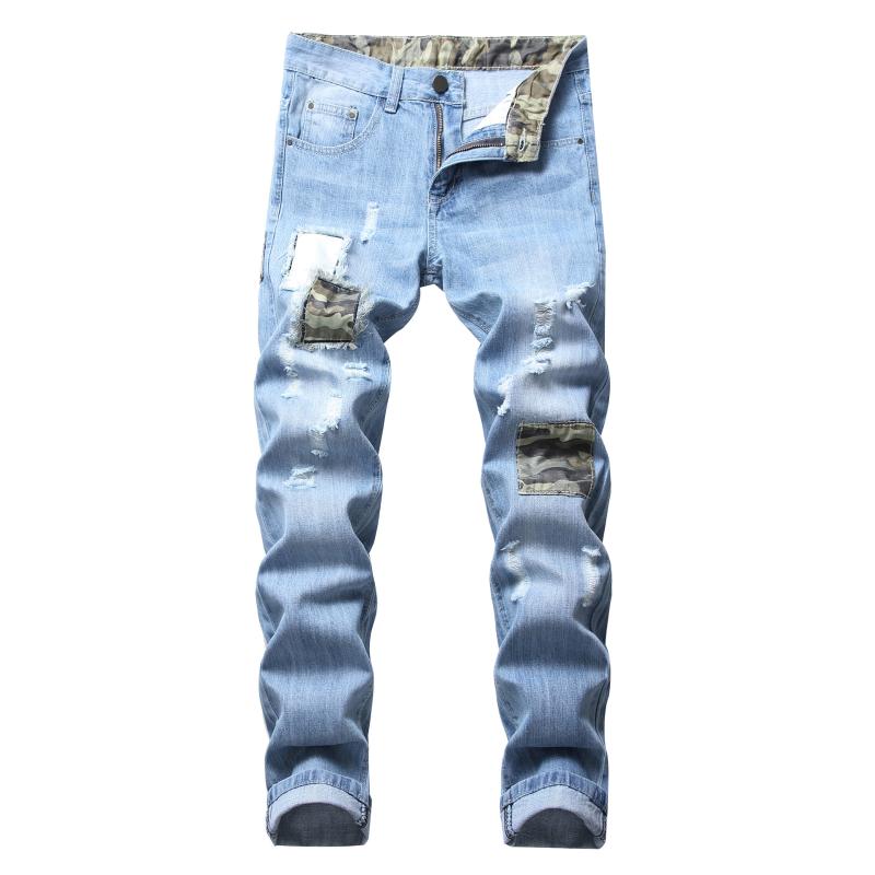 Men's Ripped Biker Jeans Cotton Slim Fit Male Motorcycle Pants Men Vintage Distressed Patchwork Denim Jeans Trousers Size 42