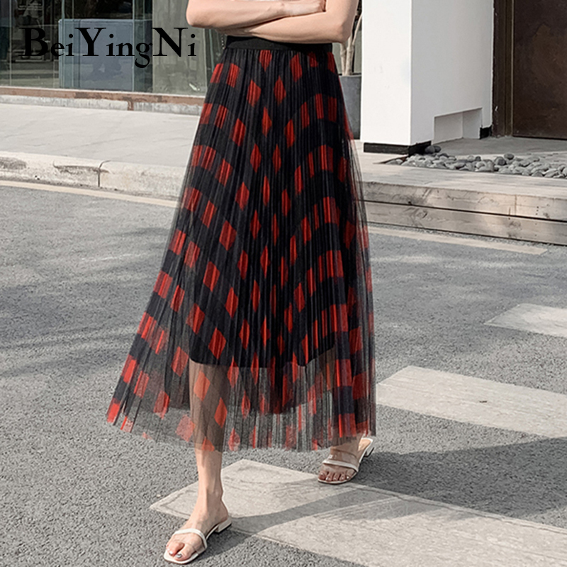 

Beiyingni Plaid Midi Skirt Slim Korean 2020 Summer Fashion Vintage Mesh Tulle Skirts Womens Pleated Long Streetwear Faldas Mujer, Green