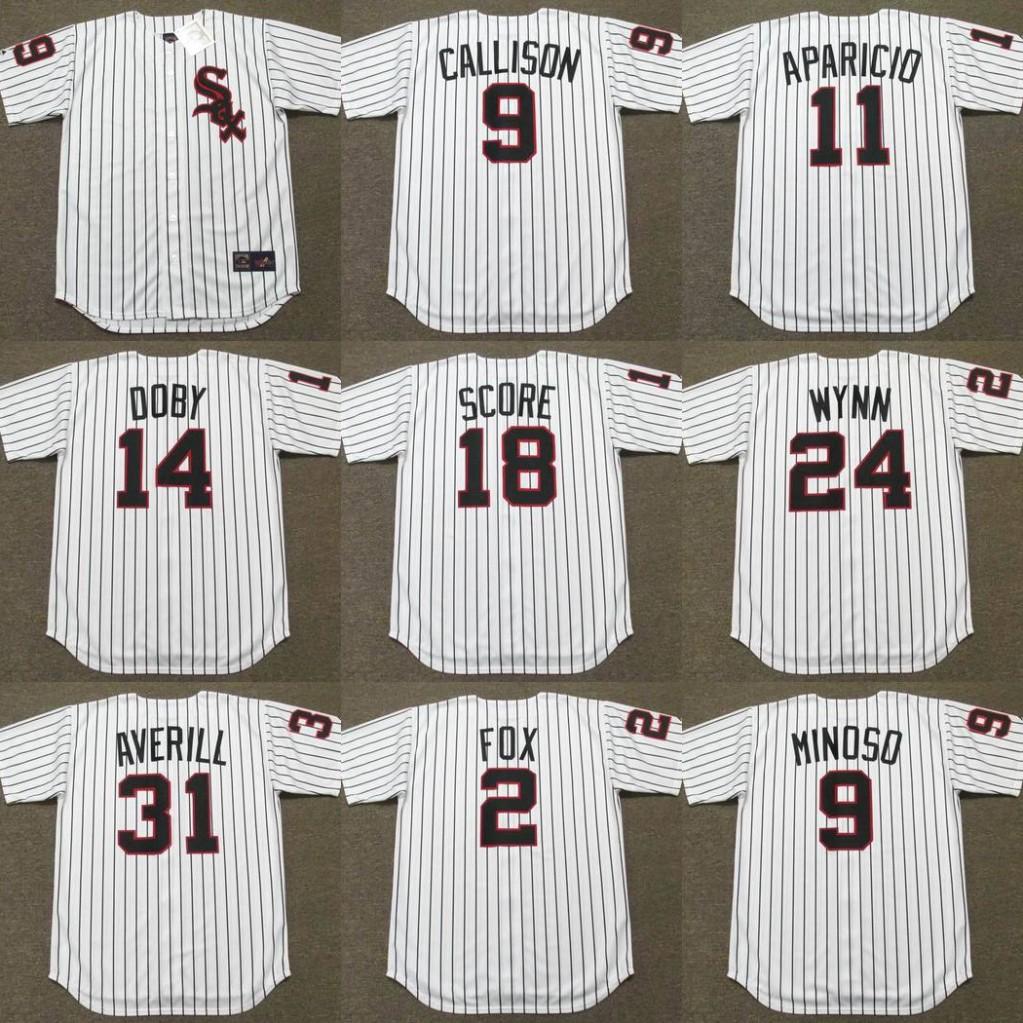 

Custom Chicago 11 LUIS APARICIO 24 EARLY WYNN 9 MINOSO 2 NELLIE FOX 18 HERB SCORE 9 CALLISON 14 LARRY DOBY EARL AVERILL Any Name baseball jersey, Black