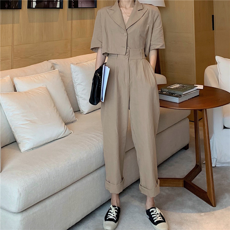 

2020 Korean Women Solid Pockets Loose 2 Piece Set Safari Style Navel Exposed Crop Tops And Pants, Khaki