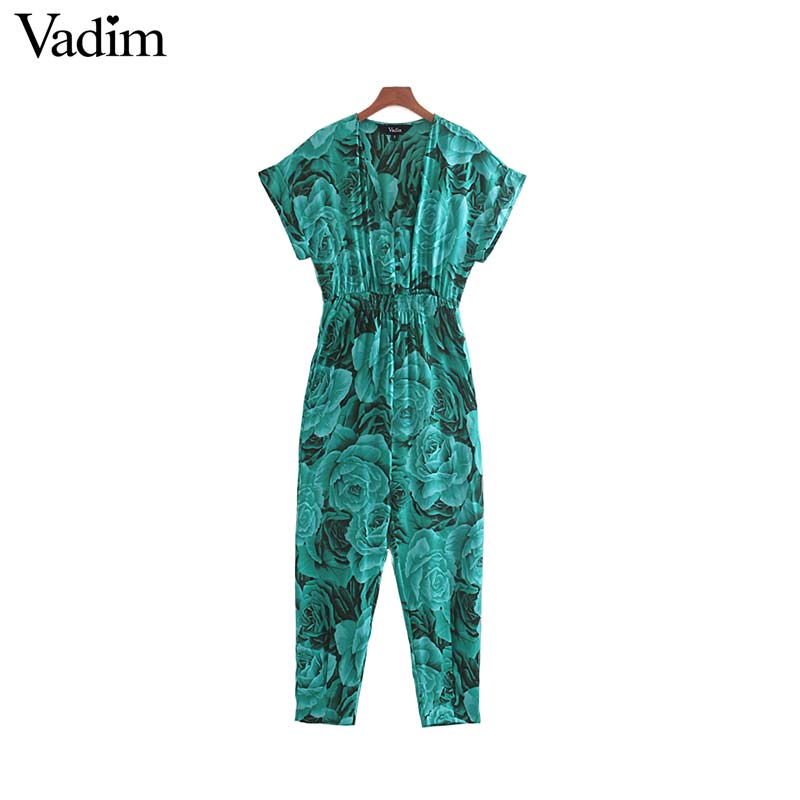 

Vadim women retro floral print jumpsuit V neck elastic waist short sleeve pockets female stylish casual playsuits mujer KB122, As picture