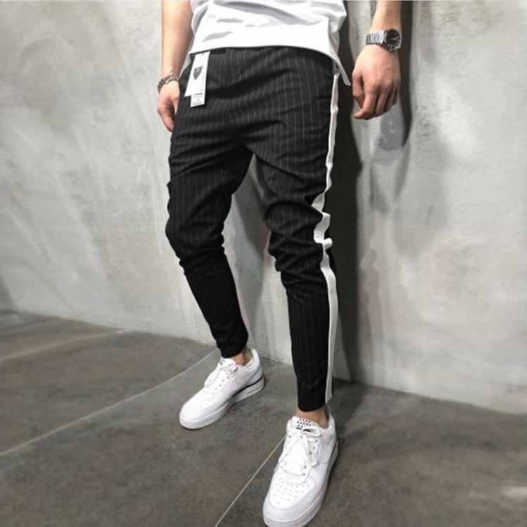 

Januarysnow Fashionable Men's Casual Pants Foreign Trade Autumn Lanyard New Stripe Color Matching Men's Fitness Jogging Pants, Black