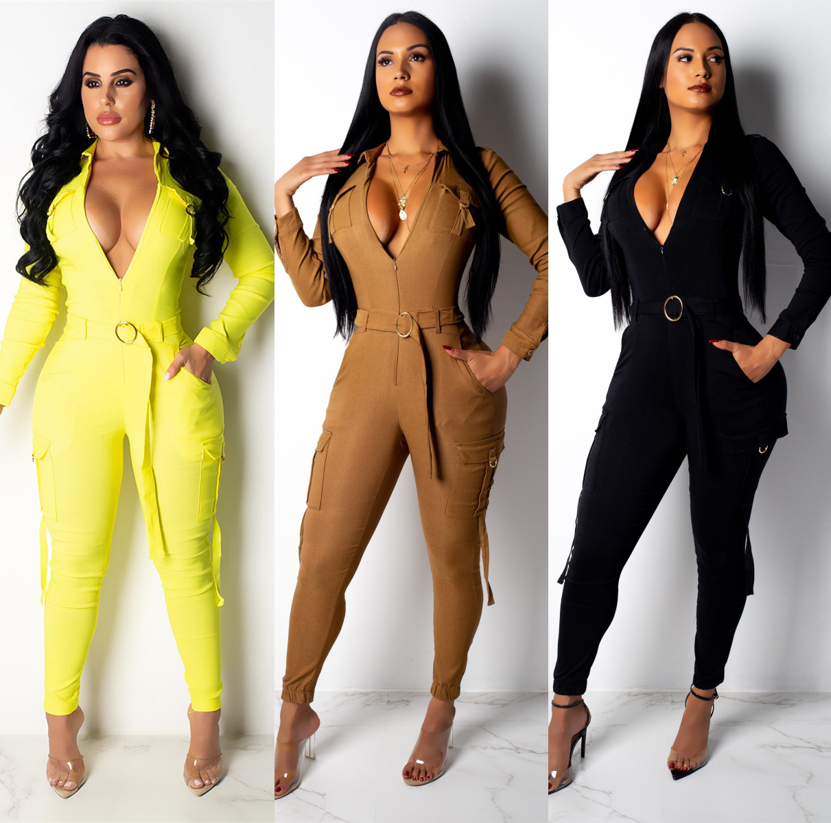 

Women's Jumpsuits & Rompers Womens Slim Fit Bodysuits Fashion Long Sleeve Pants Casual Suit Solid Color Asian Size S-2XL, Black