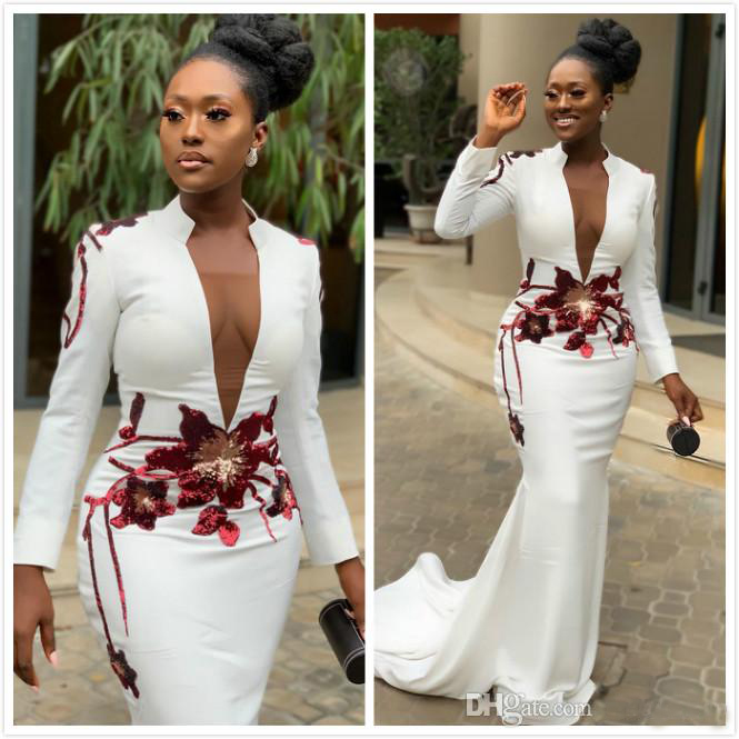 

White Mermaid Sexy 2019 African Evening Dresses High Neck Long Sleeves Appliques Prom Dresses Deep V-neck Formal Party Gown, Red