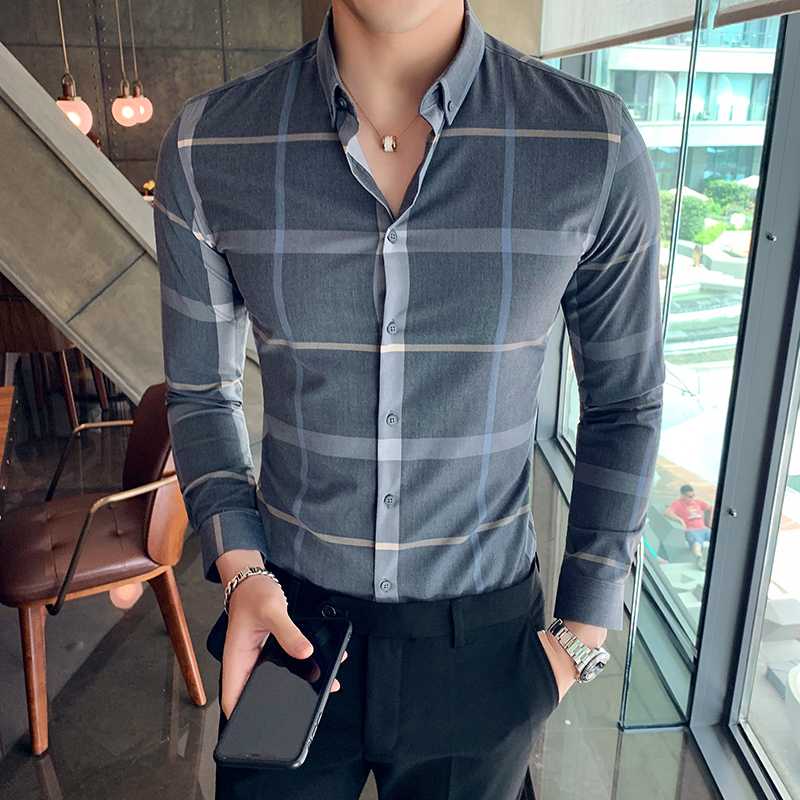 

Autumn Winter Plaid Shirts Dress Men Long Sleeve Streetwear Mens Casual Shirts Slim Fit Formal Wear Blouses Men, Black