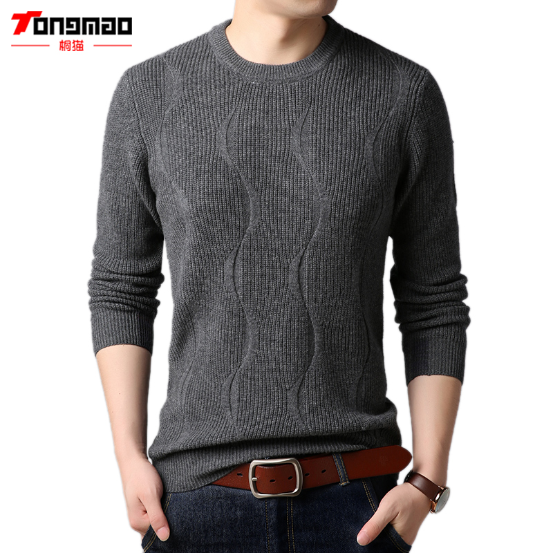 

TONGMAO Autumn Winter Mens Sweaters Casual Long Sleeve O-neck Solid Color Mens Pullover 100% Wool Jumper Warm Male Knitwear 6218, Gray