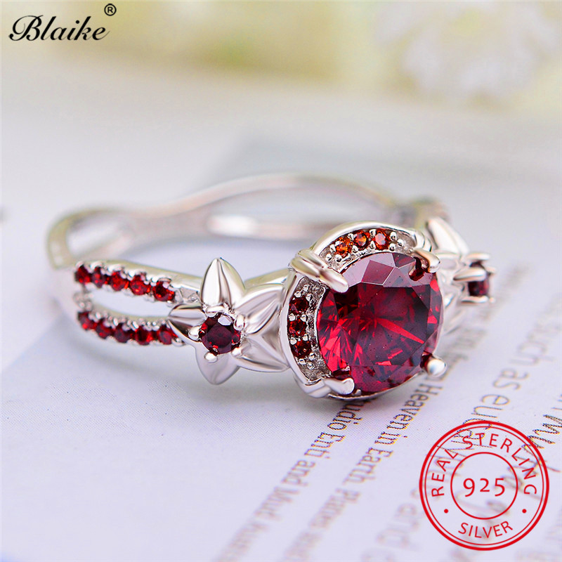 

Solid s925 Sterling Silver Rings For Women Cute Star Flower Ring Red Ruby Blue Sapphire Green Emerald Zircon Love Wedding Bands