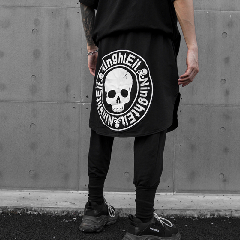 

Harem baggy pants men Skull print Fake 2 pieces Black color Hiphop Punk style Elastic waist Spring Summer