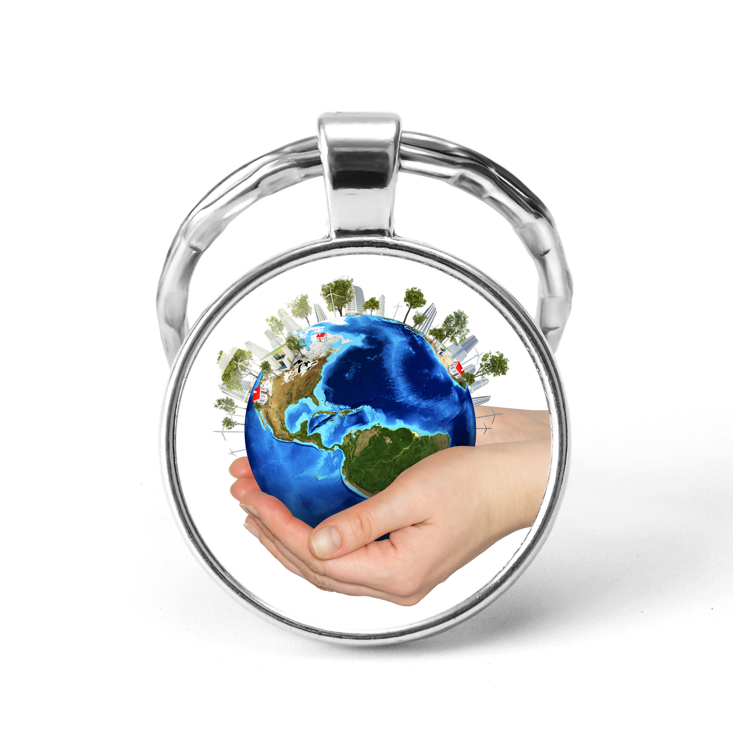 

Protect The Earth Keychain Glass Cabochon Pendant Energy Saving And Environmental Protection Theme Key Rings Pendant Key Chains