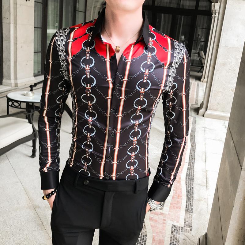

Casual Shirt for Men Chain pattern Long sleeve New model Shirts Dress Stage Blouse Men's clothing Slim, A236-9823-p55