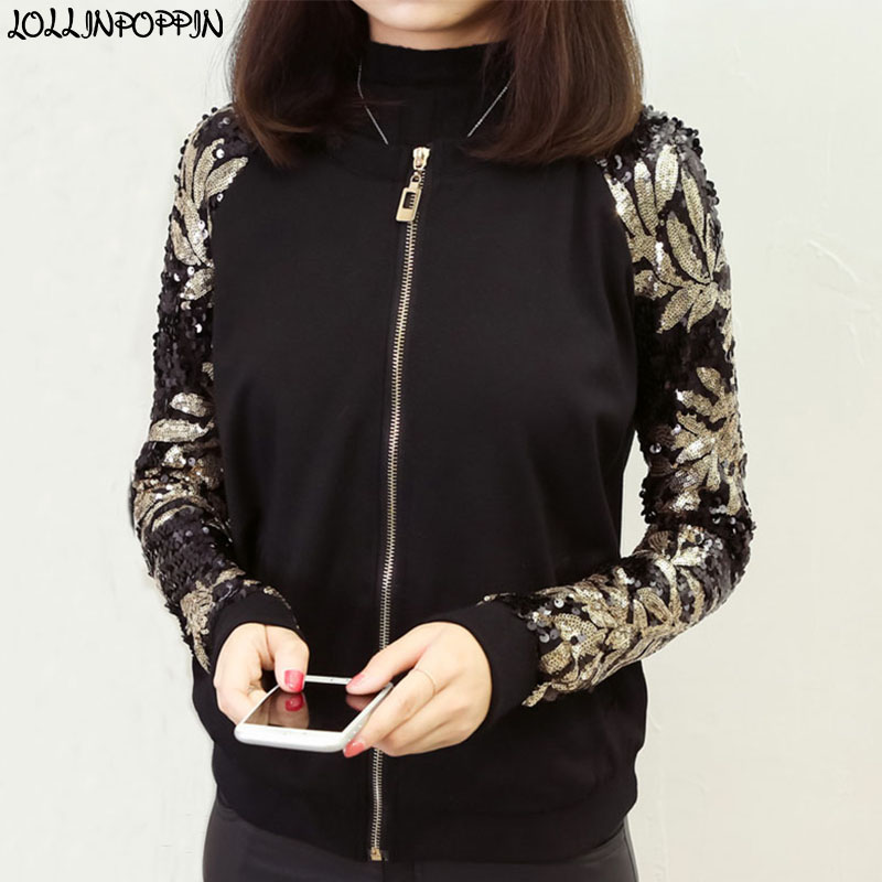 

Women Sequin Sleeves Black Bomber Jacket O-Neck Floral Paillette Coat New 2019 Plus Size Ladies Sequinned Jackets