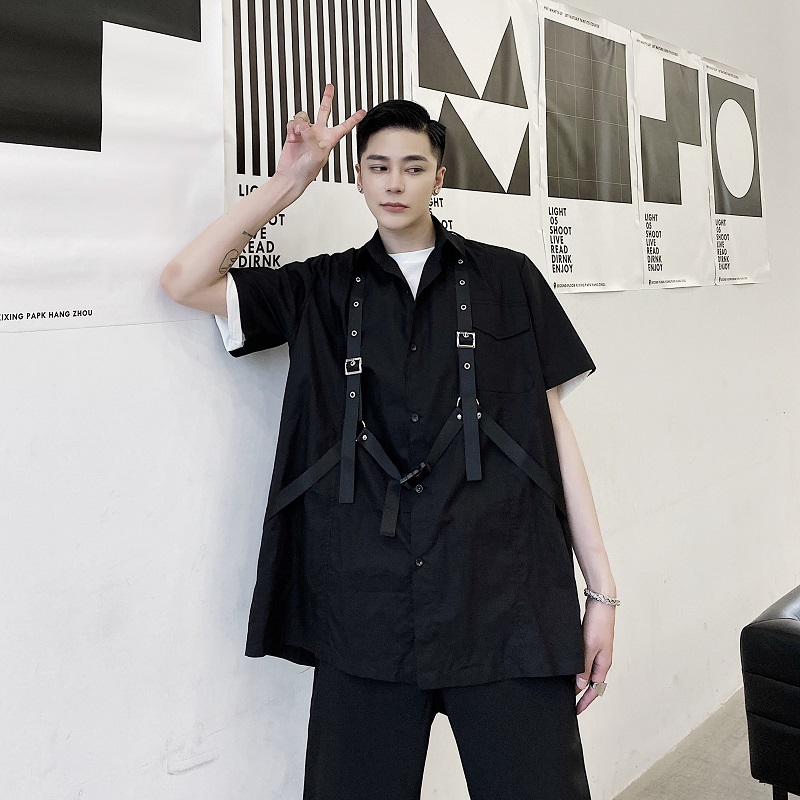 

Male Women Hip Hop Couple Shirt Men Bandage Harajuku Style Streetwear Loose Casual Short Sleeve Shirt, 1205