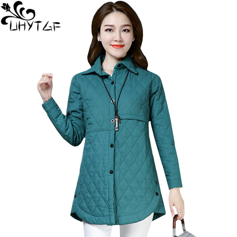 

UHYTGF Loose -3XL Plus size Cotton coat Winter Parker Women Warm Long outerwear Single-breasted Elegant Lady Winter jacket 1048, Khaki