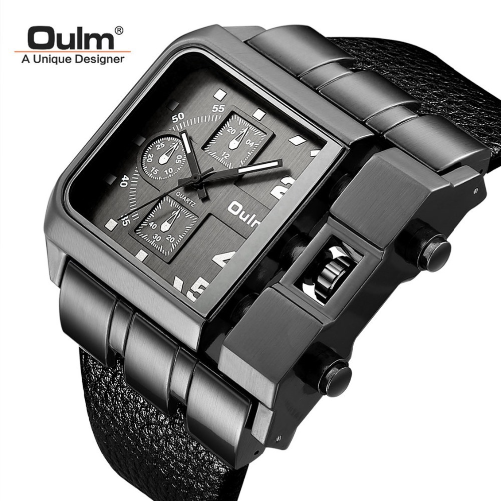 

Men's Wristwatch relogio masculino Big Square Size Watches Men Luxury Brand OULM Sport Male Quartz Watches Wide PU Leather Clock LY191213, Black