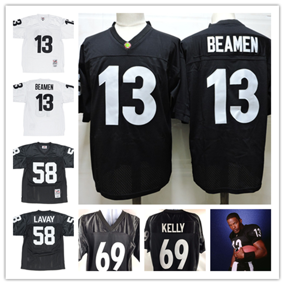

Mens The Any Given Sunday Movie WILLIE BEAMEN Football Jerseys Stitched 58 Luther Shark Lavay 69 Madman Kelly Any Given Sunday Jersey S-3XL, Black;red