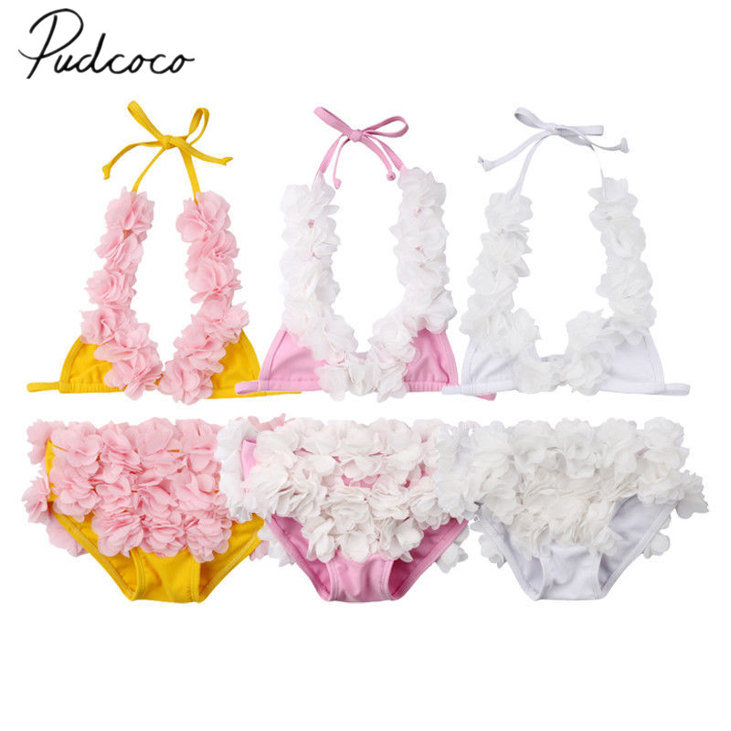

2019 Brand New 0-5Y Newborn Kid Baby Girl 3D Flower Bikini Set 2PCS Sleeveless Belt Vest+Shorts Swimwear Swimsuit Bathing Beach, White