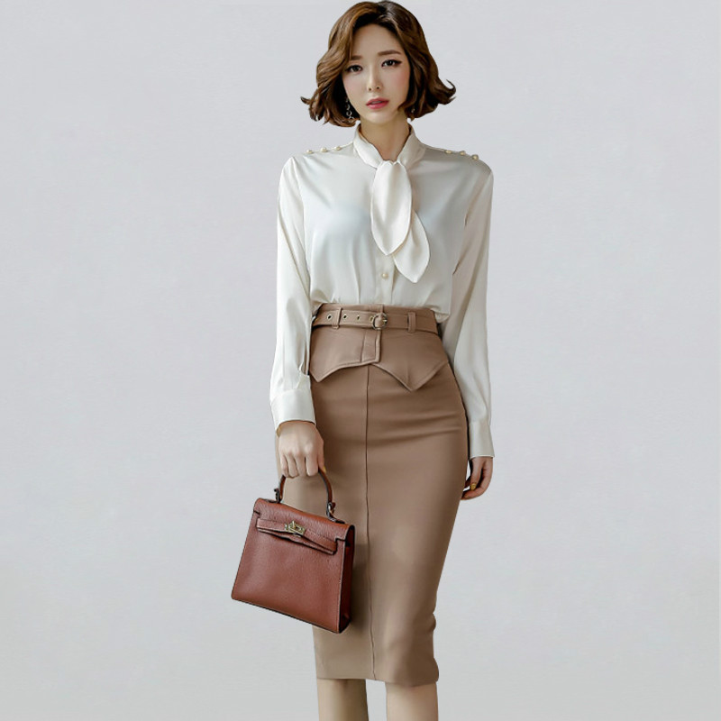 

Women 2020 Spring Sexy Work 2 Pieces Set Lace up Chiffon Blouses & Sheath Pencil Skirt Office Lady Skirts Suits, Photo color