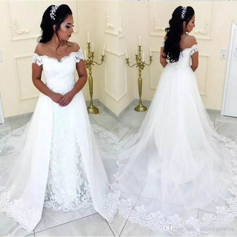 

Plus Size Overskirts Wedding Dresses Off Shoulder Cheap Arabic African Country Bridal Gowns Count Train Lace Appliques Elegant Wedding Dress, Same as image