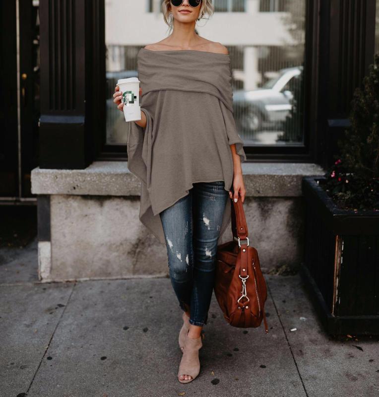 

New Fashion Autumn Ladies Off Shoulder Solid Blouse Women Casual Batwing Sleeve Irregular Loose Blouse Shirt Plus Size, Beige